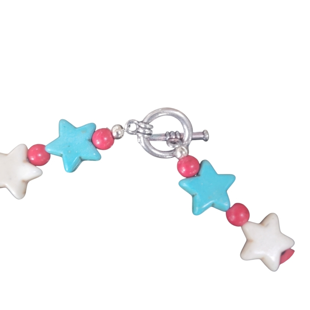 Patriotic Turquoise and White Star Necklace and Bracelet set with red beads - Picture 2 of 5